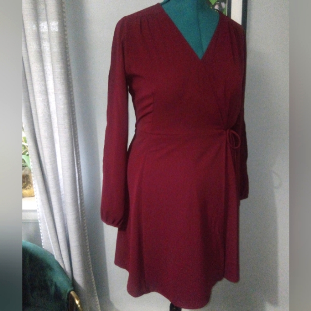 Burgundy Wrap Dress With Peek A Boo Slit Sleeves by Monteau Sz L NWT